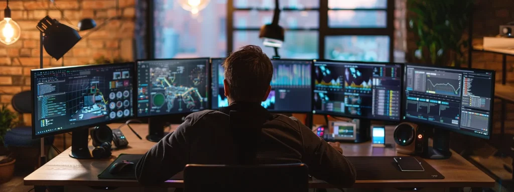 IT professional manages various dashboards across monitors, highlighting the integration strengths of the best RFI software for adapting to complex system environments.