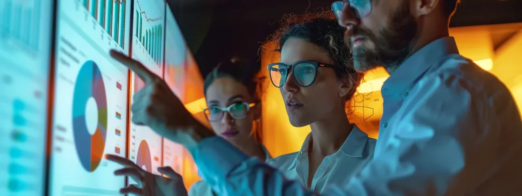 Professionals review analytical dashboards together, representing the best RFI software for enhancing workflow efficiency through organized data sharing.